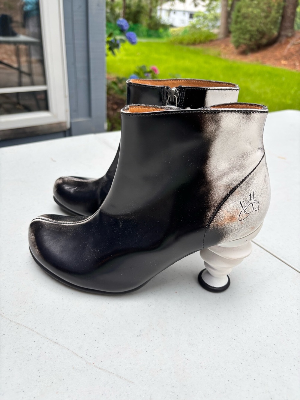 John Fluevog Black and Silver Sculpted Heel Ankle Boots